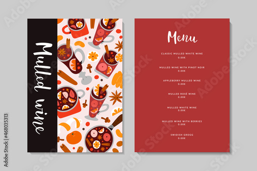 Mulled wine menu card template with price, hot spiced seasonal alcohol drinks, wine list, menu layout with modern cartoon illustrations, winter glintwine, design concept