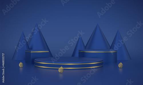 Blue round and cube podium. Scene and 3D platform with gold circle, balls and pine cone trees on blue background. Blank Pedestal concept. Advertising design. Show and sale template. Realistic vector.