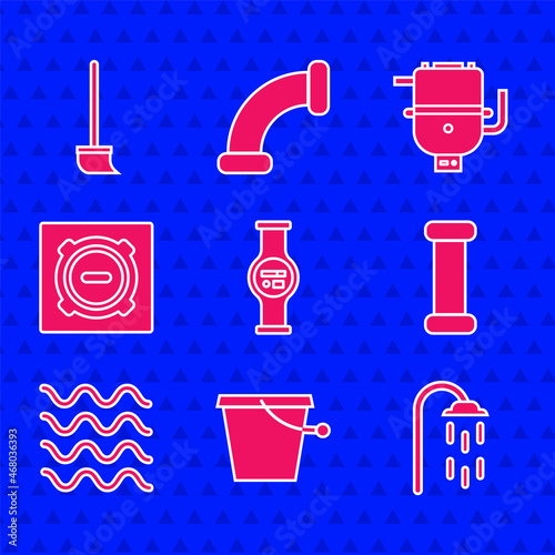 Set Water meter, Bucket, Shower, Industry metallic pipe, Wave, Manhole sewer cover, Electric boiler for heating water and Mop icon. Vector