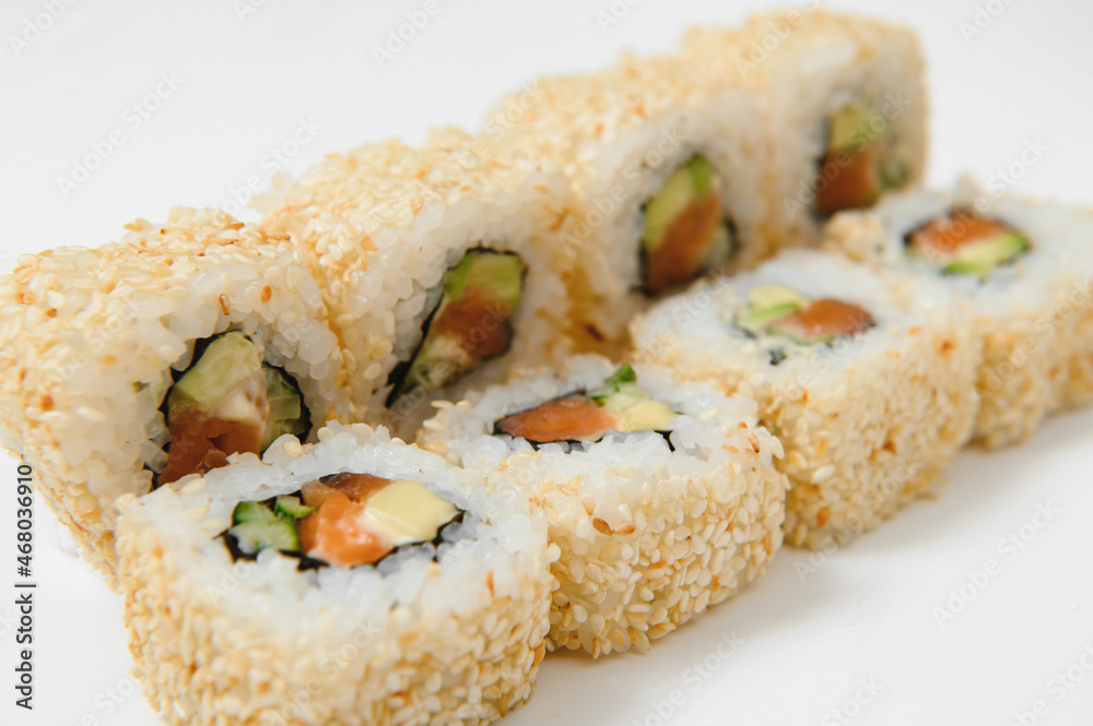 Japanese seafood sushi , roll on a white background