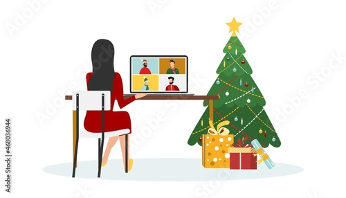 People wishing Merry Christmas and Happy New Year. Celebrating holiday and giving gifts via video call or web conference in 2022. Vector