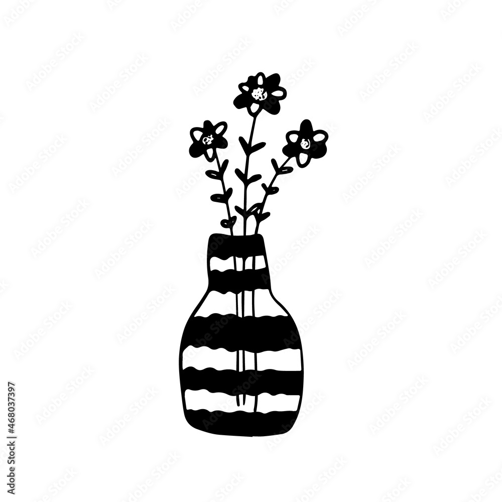 Cute sketch hand drawn black pencil flowers in vase illustration