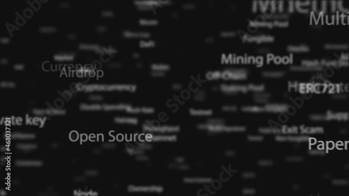 Crypto words, crypto, blockchain and WEB 3.0 related words, cloud tag animation on black background with focus and blur