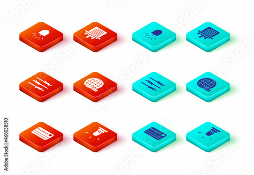 Set Credit card, Motion sensor, Barbed wire, Social network, Paper shredder and Ringing alarm bell icon. Vector