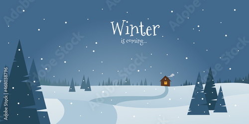 Winter landscape with a small house in the distance. It snows at night, trees are visible. With an inscription.