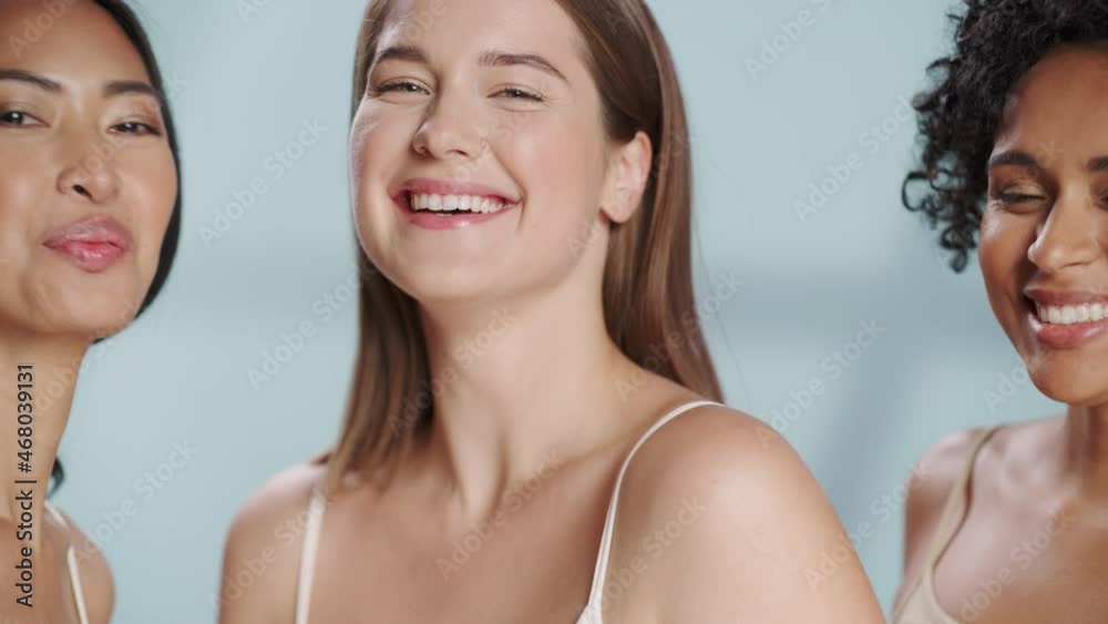 Beauty Portrait of Three Diverse Multiethnic Models on Isolated Background. Beautiful Happy Asian, Black and Caucasian Women with Natural, Healthy Skin. Wellness, Spa, Cosmetology, Skincare Concept. Beauty Portrait of Three Diverse Multiethnic Models on Isolated Background. Beautiful Happy Asian, Black and Caucasian Women with Natural, Healthy Skin. Wellness, Spa, Cosmetology, Skincare Concept.