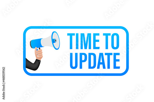 Hand Holding Megaphone with Time to update. Megaphone banner. Web design
