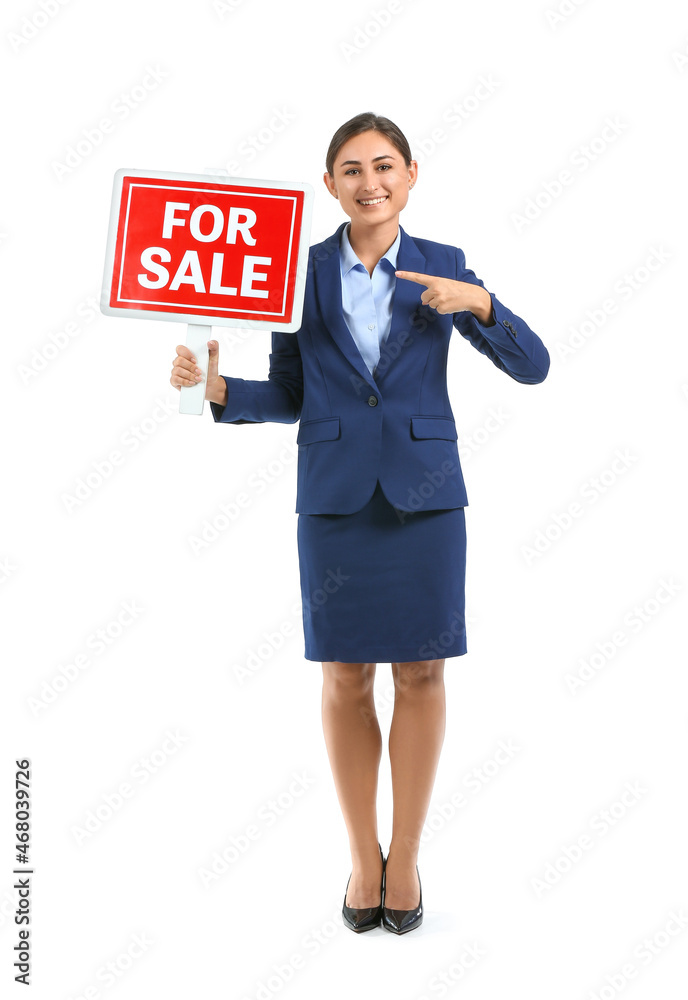 Female real estate agent with sale board on white background Female real estate agent with sale board on white background