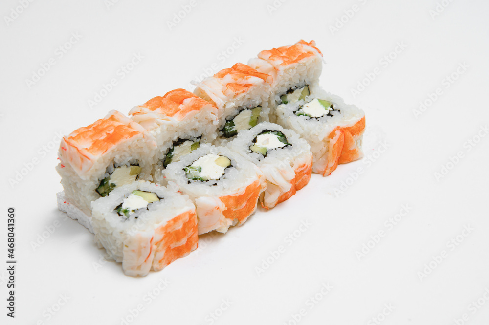 Japanese seafood sushi , roll on a white background Japanese seafood sushi , roll on a white background