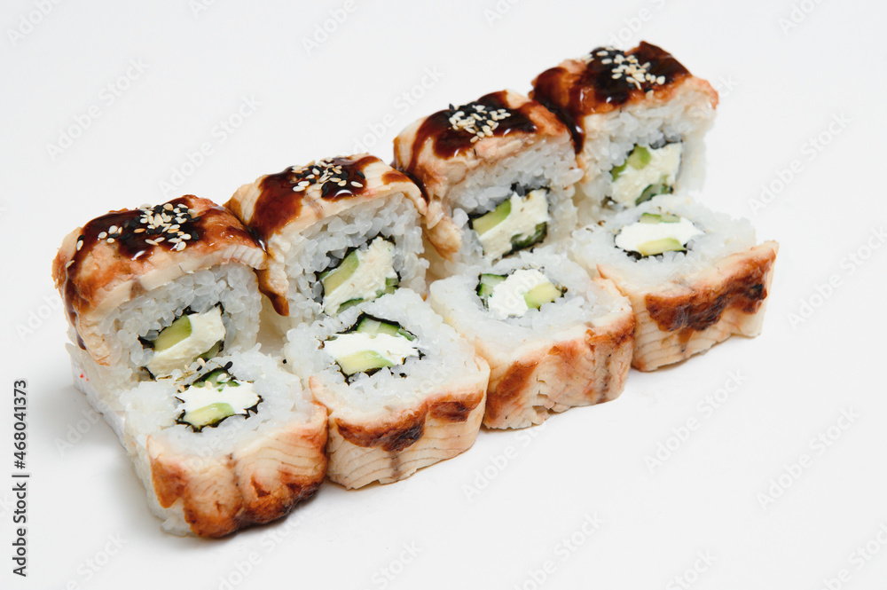Japanese seafood sushi , roll on a white background Japanese seafood sushi , roll on a white background