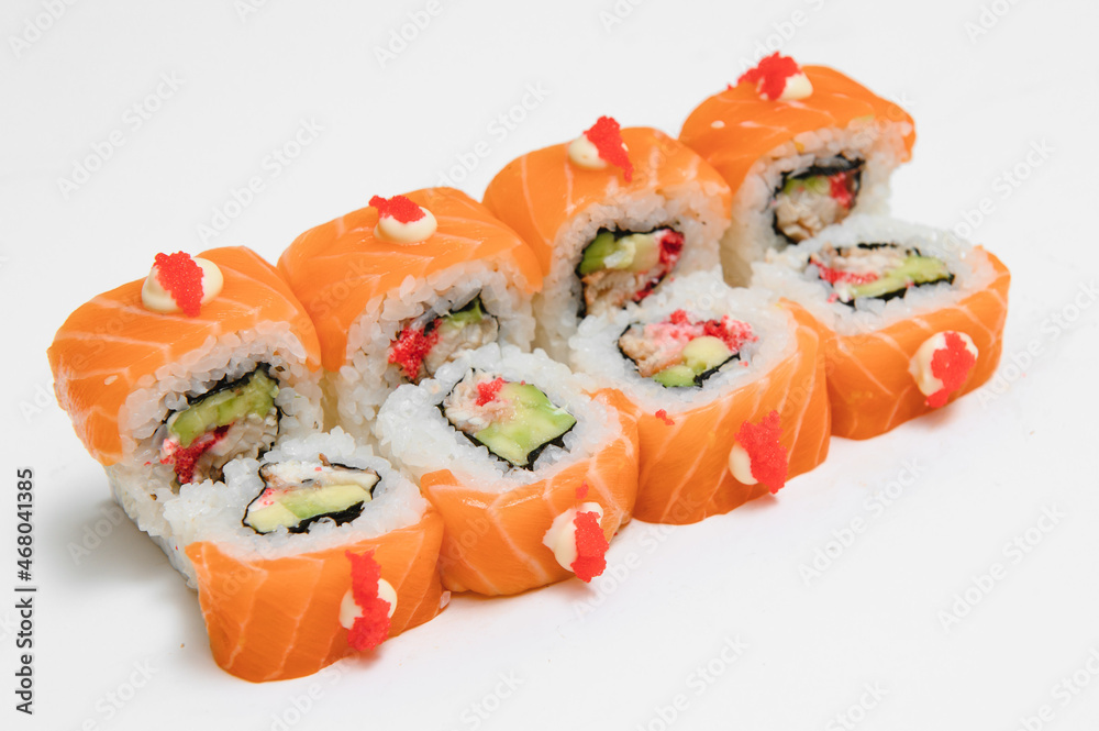 Japanese seafood sushi , roll on a white background Japanese seafood sushi , roll on a white background