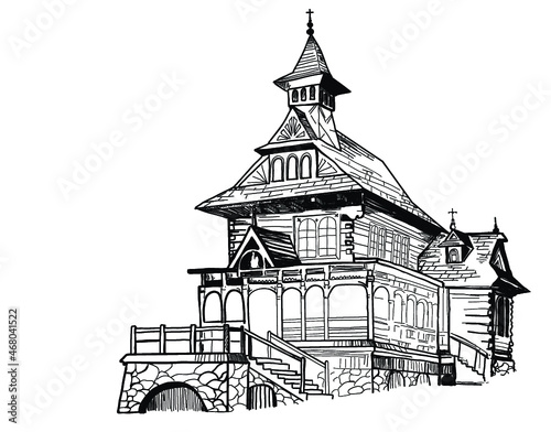 Obraz na płótnie kaplica na Jaszczurówce, zakopane, styl zakopiański, architektura góralska, kościół, parzenica, podhale, dom, szkic, plik wektorowy, budowa, losowanie, architektura, house of god, ilustracja, stary, g w salonie