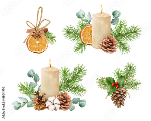 Watercolor Christmas candle with holiday decor. Botanical illustration for design. Hand painted floral composition with eucalyptus leaves, bells, pine cones and berries isolated on white background. 