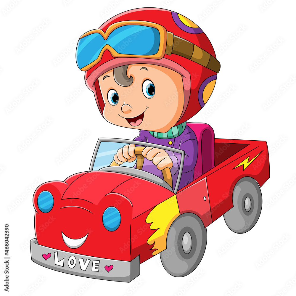 Fotografie The cute boy is riding a flash car