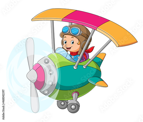 The cool pilot boy is driving a plane