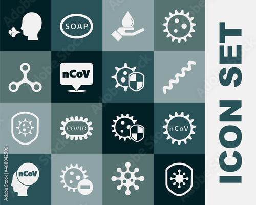 Set Shield protecting from virus, Corona 2019-nCoV, Virus, Washing hands with soap, location, Man coughing and icon. Vector