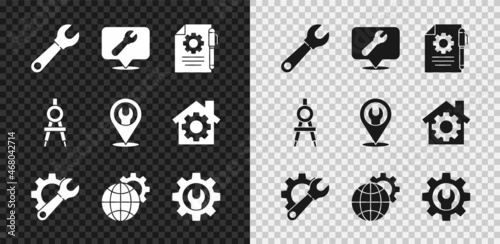 Set Wrench spanner, Location with wrench, Document settings and pen, gear, Globe of the Earth, Drawing compass and icon. Vector