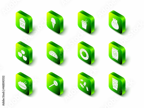 Set Ice cream in waffle cone, Asian noodles and chopsticks, Khinkali cutting board, Bag or packet potato chips, Coffee cup go, Donut, Candy and Lollipop icon. Vector