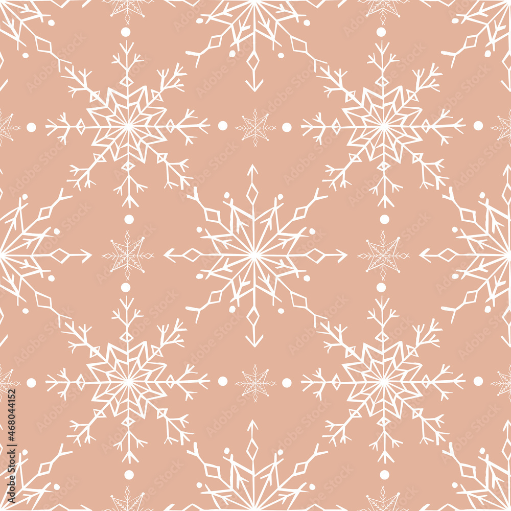 Simple pattern, white snowflakes on a beige background for various festive products for the winter holidays.