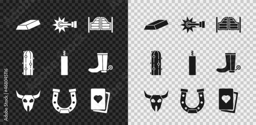 Set Gold bars, Spur, Saloon door, Buffalo skull, Horseshoe, Deck of playing cards, Cactus and Dynamite bomb icon. Vector