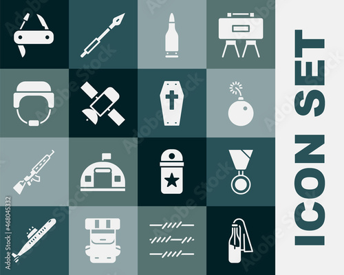 Set Cocktail molotov, Military reward medal, Bomb ready explode, Bullet, Satellite, helmet, Swiss army knife and Coffin with cross icon. Vector