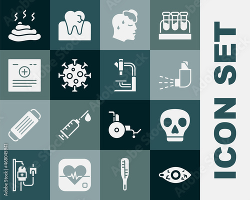 Set Reddish eye, Skull, Inhaler, High human body temperature, Virus, Clinical record, Shit and Microscope icon. Vector