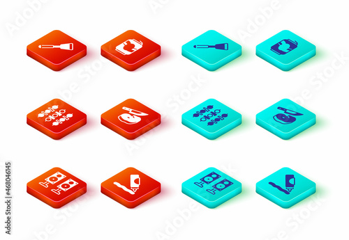 Set Stereo speaker, Ketchup bottle, Grilled shish kebab, Steak meat and knife, Soda can and Spatula icon. Vector