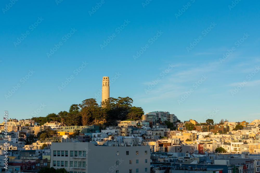 Scenic aerial view of an urban residential neighborhood on slopes of Telegraph Hill in San Francisco, California.