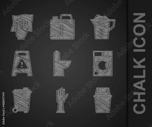 Set Toilet bowl, Rubber gloves, Trash can, Washer, Wet floor, Washing powder and Cleaning service icon. Vector