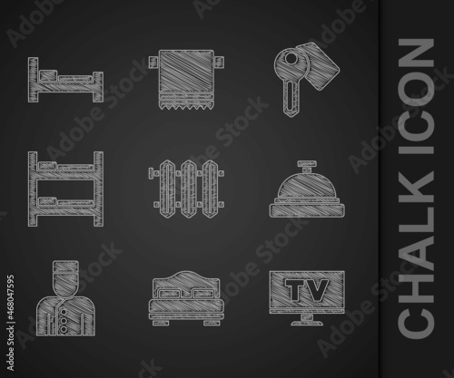 Set Heating radiator, Hotel room bed, Smart Tv, service bell, Concierge, door lock key and icon. Vector