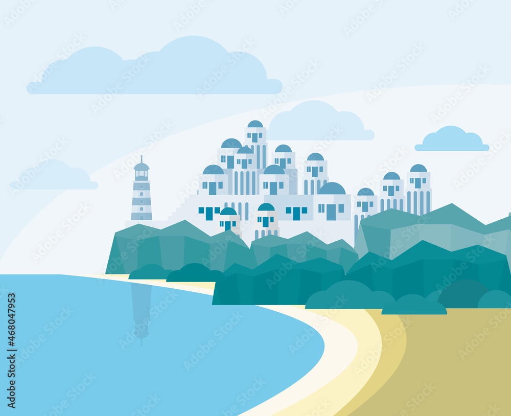 Cartoon Background with typical greece island Architecture - vector illustration
