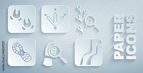 Set Magnifying glass with footsteps, Bird footprint, Human footprints shoes, Snake paw, Chicken and Wild boar icon. Vector