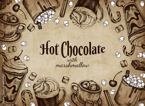 Outline drawing poster of Hot Chocolate with marshmallow. Sketch drawing banner of Cocoa cocktail, whipped cream, cinnamon stick, candy cane, cherry. Christmas drink background. Vector illustration.