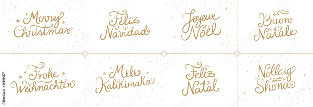 Merry Christmas (English), Feliz Navidad (Spanish), Joyeux Noël (French), Buon Natale (Italian), Frohe Weihnachten (German), Mele Kalikimaka (Hawaiian), Feliz Natal (Portuguese), Nollaig Shona (Irish)