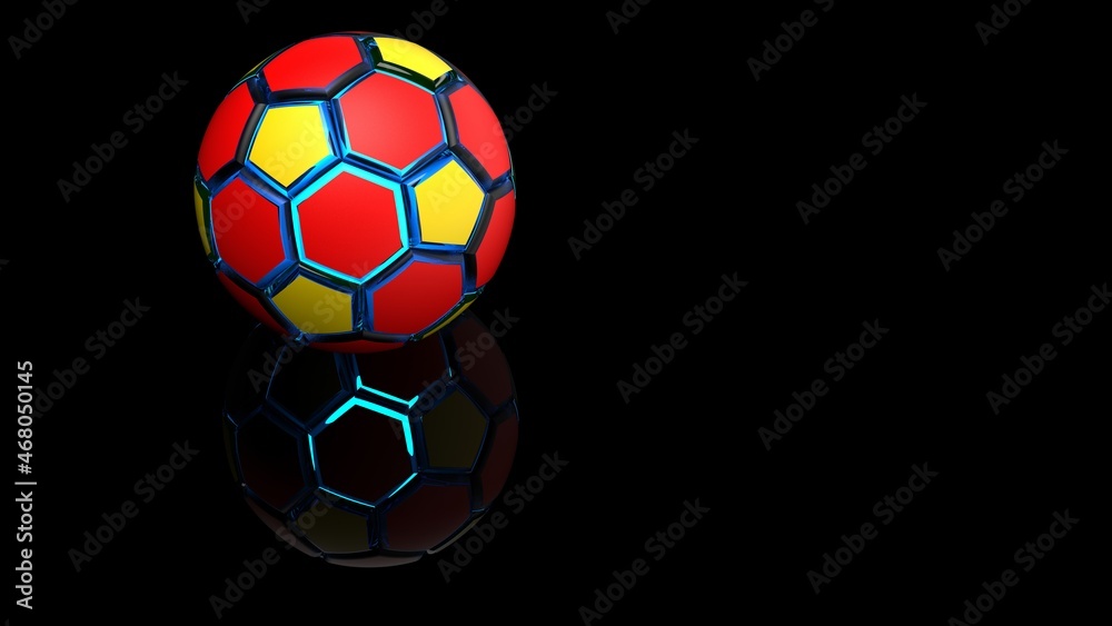 Fototapeta premium Red-yellow soccer ball illuminated blue light under black flash background. 3D illustration. 3D high quality rendering.