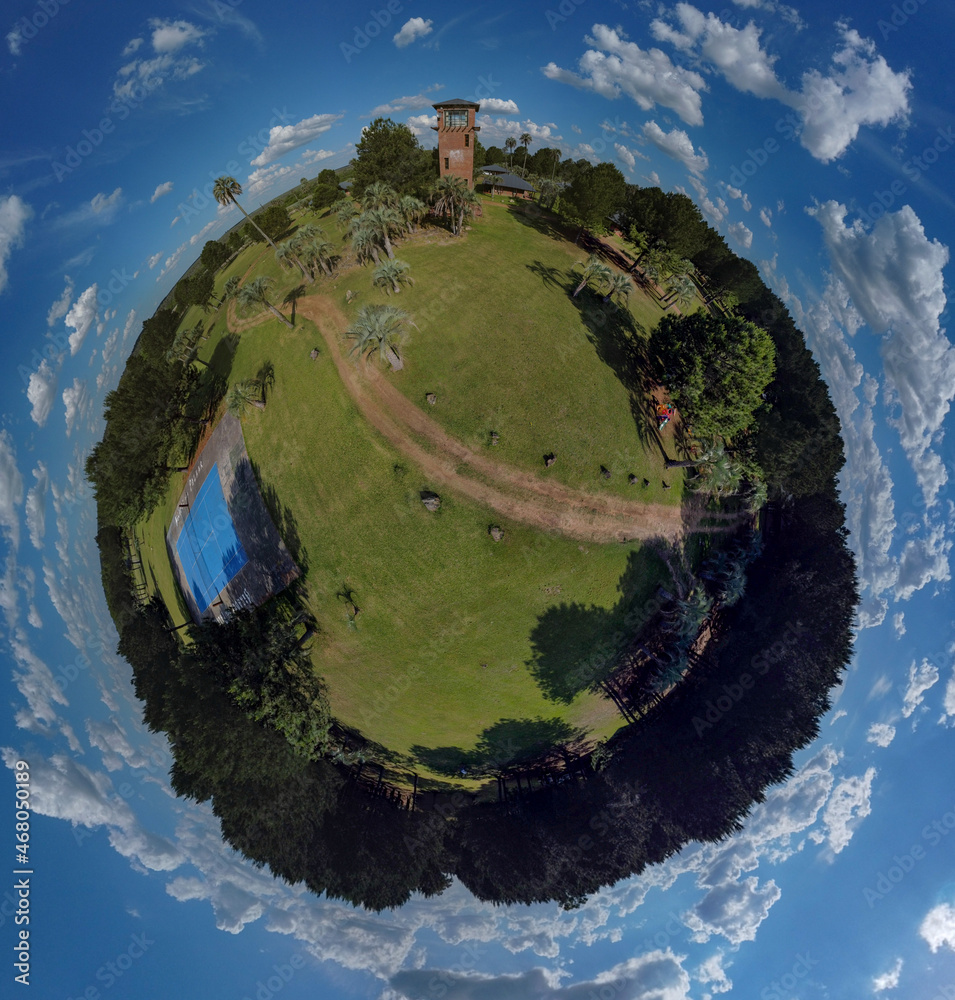 Globe panorama. stereographic projection of green park and ciy view ...