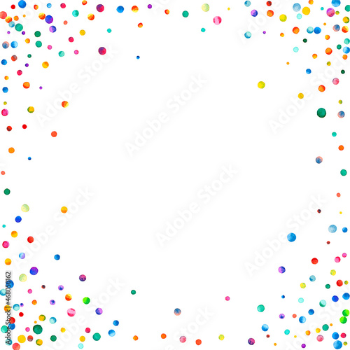 Watercolor confetti on white background. Admirable rainbow colored dots. Happy celebration square colorful bright card. Posh hand painted confetti.