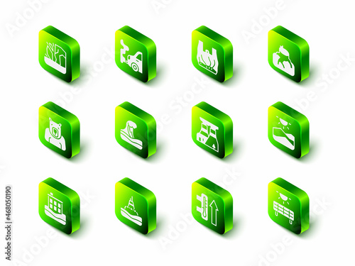 Set Car exhaust, Say no to plastic bags poster, Deforestation, Drought, Solar energy panel, Nuclear power plant, Global warming and Floating buoy the sea icon. Vector