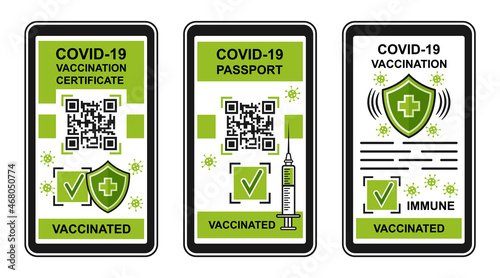Covid-19 vaccination certificate or vaccine passport, digital green pass icon set. Certification vaccinated, immune resistance to coronavirus. Сheck inoculation on mobile app with QR code. Flat vector