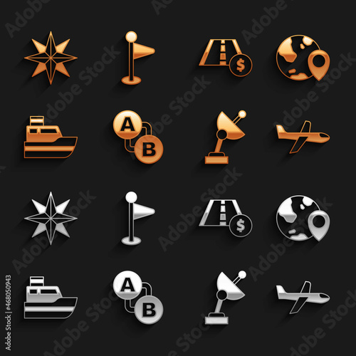 Set Route location, Location the globe, Plane, Radar, Ship line path, Toll road traffic sign, Wind rose and marker icon. Vector