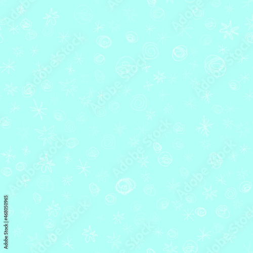 Hand Drawn Snowflakes Christmas Seamless Pattern. Subtle Flying Snow Flakes on chalk snowflakes Background. Awesome chalk handdrawn snow overlay. Symmetrical holiday season decoration.