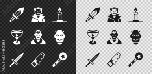 Set Medieval sword, Vampire, Burning candle in candlestick, Dagger, Hand saw, Magic wand, goblet and Wizard warlock icon. Vector