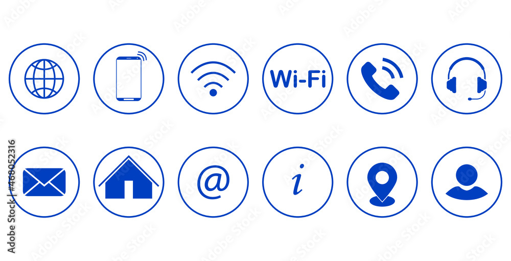 Contact icon set. Set of circled contact icons in blue color - online service, connection, vector illustration. Contact icon set. Set of circled contact icons in blue color - online service, connection, vector illustration.