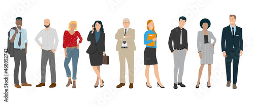 illustration représentant des personnages de races différentes, d'âges différents, hommes ou femmes d'affaires, employés dans des entreprises, patrons et businessman