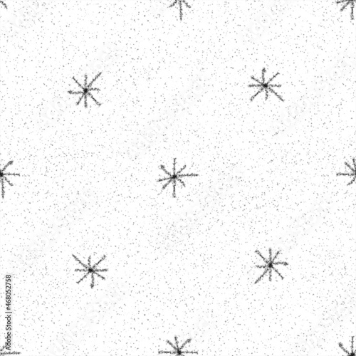 Hand Drawn Snowflakes Christmas Seamless Pattern. Subtle Flying Snow Flakes on chalk snowflakes Background. Amusing chalk handdrawn snow overlay. Divine holiday season decoration.