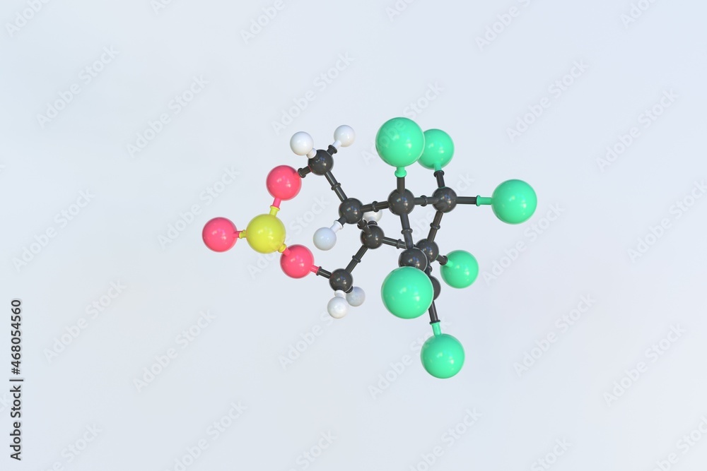 Endosulfan molecule made with balls, scientific molecular model. 3D rendering Endosulfan molecule made with balls, scientific molecular model. 3D rendering
