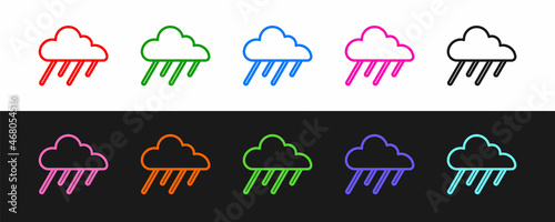 Set line Cloud with rain icon isolated on black and white background. Rain cloud precipitation with rain drops. Vector