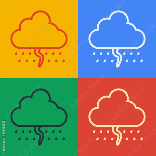 Pop art line Cloud with rain and lightning icon isolated on color background. Rain cloud precipitation with rain drops.Weather icon of storm. Vector