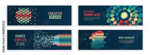 Set of modern banner templates for websites. Abstract social media cover design, invitation card. Horizontal header web background. Visualization of data arrays, databases. Information flow, sorting.