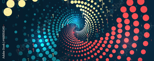 Big data visualization. Processing of data arrays, sorting. Filtering machine algorithms. Data stream in the form of an array of spirals and binary code. Vector database background.